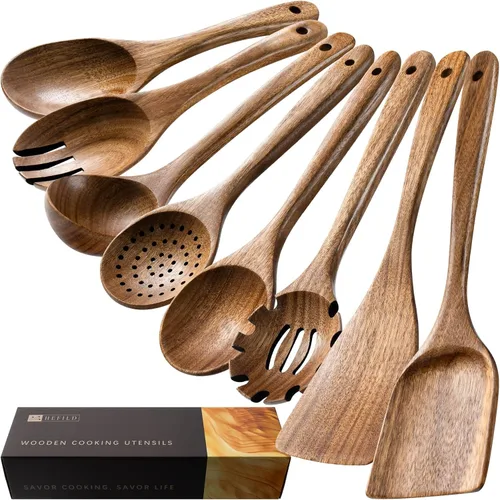 Vista 7 de cucharas de madera para cocinar, juego de utensilios de cocina antiadherentes con 10 piezas de espátulas y cucharas de madera de acacia