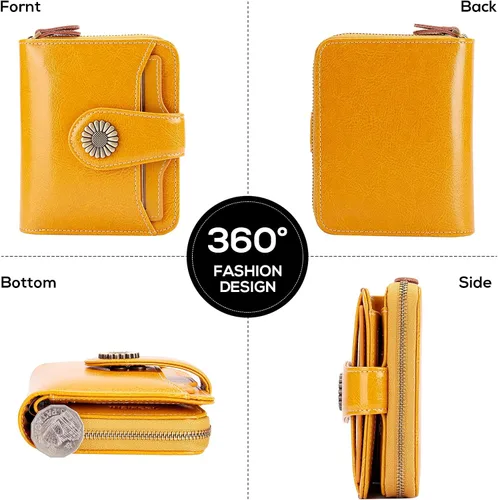 Vista 4 de INSIFEEL Billetera pequeña para mujer, bolso compacto de cuero con bloqueo RFID RFID para mujer, Amarillo, Retro