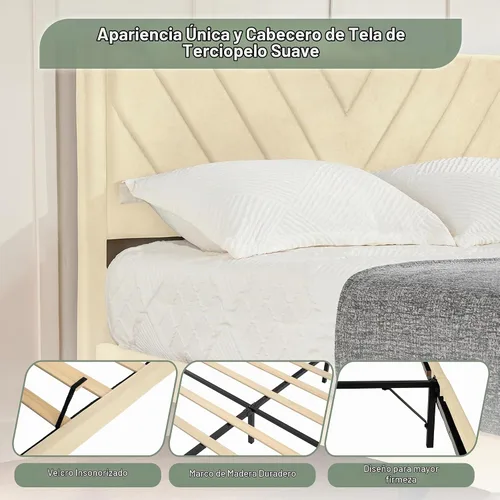 Vista 5 de Base de cama de plataforma de tamaño matrimonial con cabecera de terciopelo, borde de ala, listones de madera resistentes, sin ruido, no necesita
