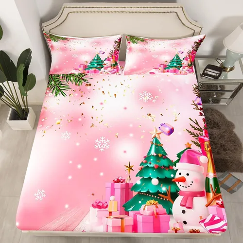 Vista 19 de Juego de sábanas con diseño de Papá Noel y muñeco de nieve para niños, niñas y niños, de temática navideña, juego de cama con diseño de árbol