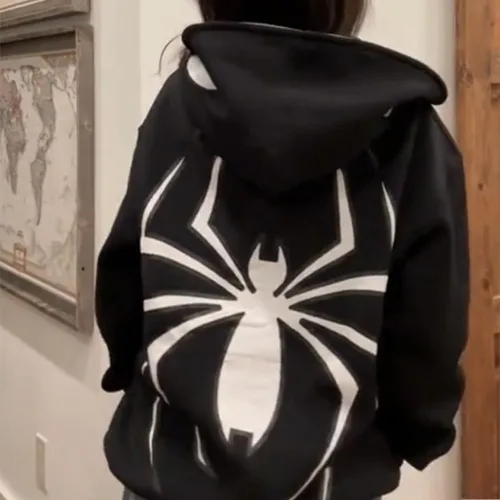 Vista 3 de Sudadera con capucha y cremallera completa con estampado de araña, estampado de araña Y2k, sudadera con capucha con estampado de letras y letras