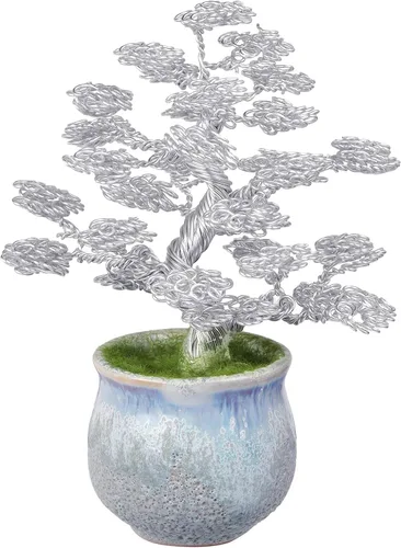 Vista 9 de rockcloud Escultura de árbol de dinero de alambre de aluminio con base de cerámica, bonsái de Feng Shui, decoración de oficina en casa para suerte