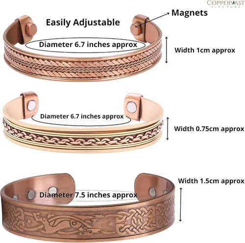 Vista 4 de Pulseras de cobre para hombres y mujeres Juego de 3 con caja de regalo Hecho a mano 100% cobre Regalo para mujeres y hombres