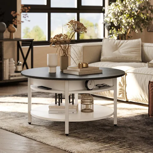 Vista 4 de FABATO Mesa de Centro Redonda con Tapa Elevable con Almacenamiento y Compartimento Oculto, 26.77'' Mesa de Centro Estilo Granja para Sala de Estar