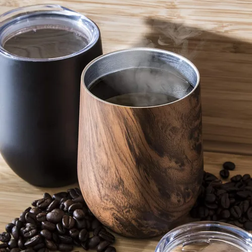 Vista 2 de Sipworks Vaso de vino de acero inoxidable: copa de vino sin tallo aislada al vacío de doble pared con tapa, 12 onzas, juego de 2, caoba/oro rosa