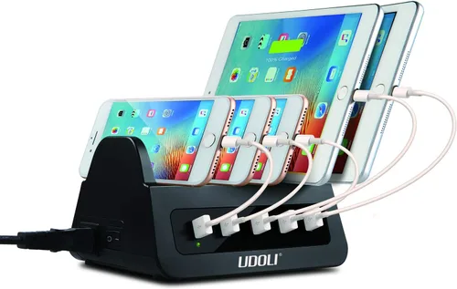 Vista 8 de Estación de carga con 5 puertos USB, organizador para múltiples dispositivos, soporte de escritorio de carga rápida para teléfono Apple Android