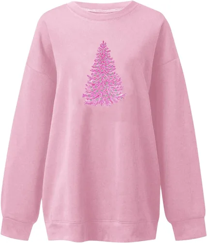 Vista 2 de Sudadera rosa con árbol de Navidad para mujer, sudaderas de gran tamaño con cuello redondo para mujer, color rosa intenso