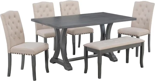 Vista 9 de Merax Juego de mesa de comedor de cocina de 6 piezas, juego de mesa de comedor de granja con mesa rectangular y 4 sillas tapizadas y banco, juego