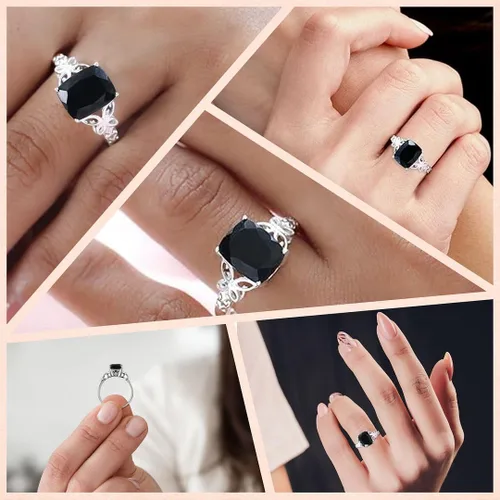Vista 2 de Black Tourmaline Ring in 925 Sterling Silver - October Birthstone Rings for Women - Engagement Promise Floral Statement Vintage Solitaire Tourmaline