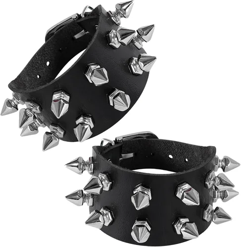 Vista 8 de Manfnee Pulsera de cuero punk, pulsera trenzada con remaches para hombres y mujeres, ajustable
