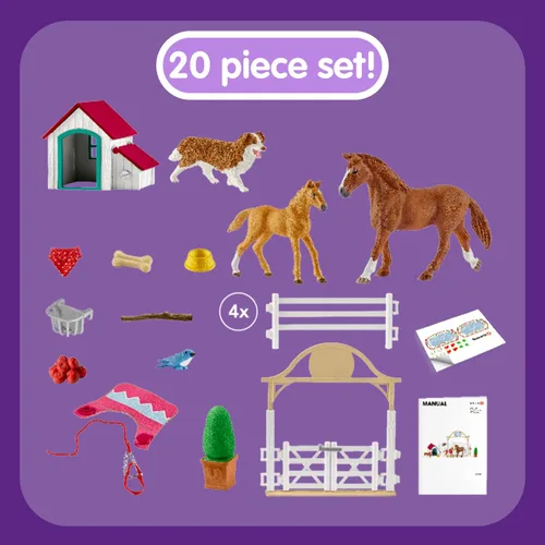 Vista 3 de Schleich Horse Club, juguetes de caballo para niñas y niños, juego de caballos invitados de Hannah con juguetes Ruby The Dog y Caballo, 20 piezas, a