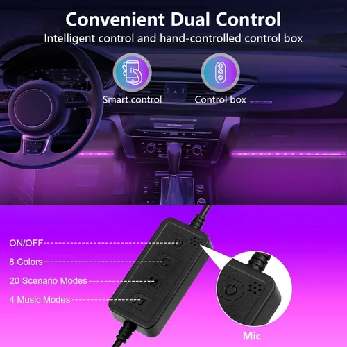 Vista 6 de Luces LED interiores para automóvil con control inteligente de aplicación, sincronización de música, modo DIY, kits de luces LED interiores