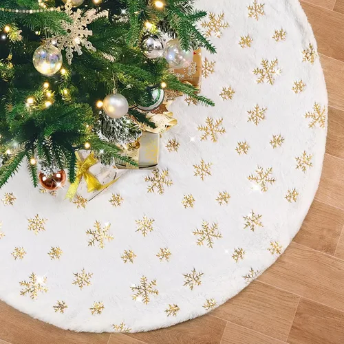 Vista 8 de Falda de árbol pequeña de 24 pulgadas, falda de árbol de piel sintética blanca de Navidad de 4 pies, mini copos de nieve de lentejuelas doradas
