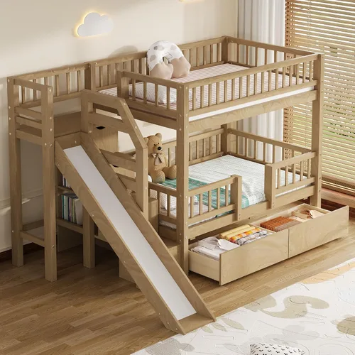 Vista 38 de Cama de Casa Tamaño Twin con Elegantes Ventanas y Estantería, Marco de Litera con Diseño de Castillo de Madera con Barandillas de Seguridad