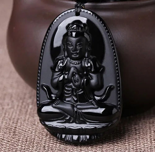 Vista 3 de Collar con dije de Buda. Collar con amuleto talismán Bodhisattva de Buda, de obsidiana., sin metal, 0580