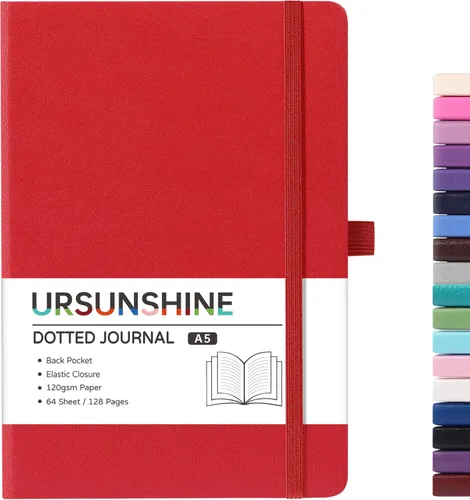 Vista 44 de Cuaderno punteado, diario, 5.3 x 8.26 pulgadas, tapa dura, prémium, papel grueso, doble espiral, bandas, cuero negro sintético, lazo para bolígrafo