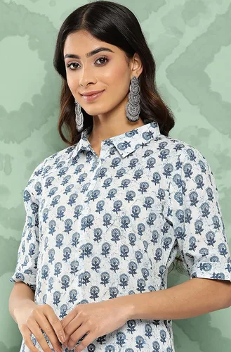 Vista 6 de Janasya Conjunto de pantalón Kurta de manga corta con cuello de camisa casual de verano con estampado floral de algodón blanco para mujer
