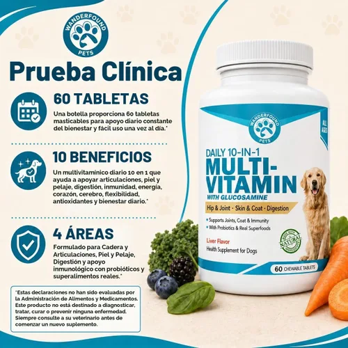 Vista 4 de Wanderfound Pets Multivitamínico 10 en 1 para perros, vitaminas diarias con glucosamina, MSM, probióticos y vitamina D3, sabor a hígado, 60 tabletas