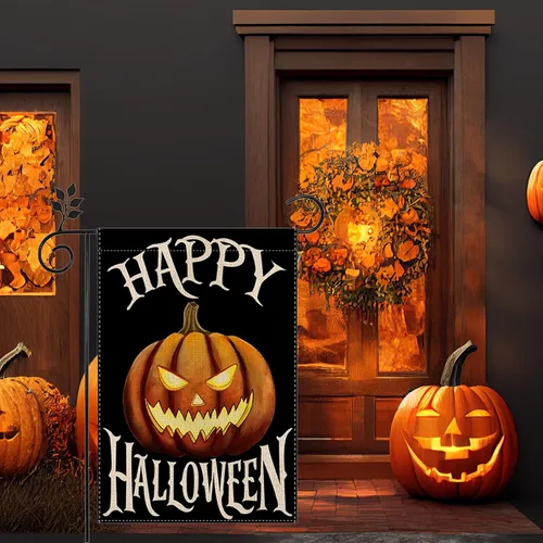 Vista 4 de Bandera de jardín de Halloween con fantasma, gato Boo, 12 x 18 pulgadas, vertical de doble cara con calabaza feliz Halloween, decoración exterior