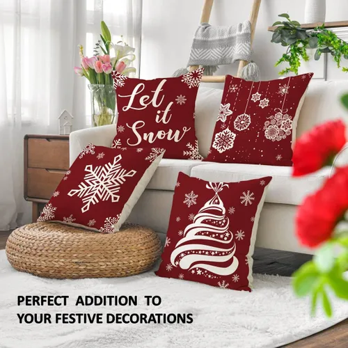 Vista 4 de Fundas de almohada navideñas de 18 pulgadas, 4 piezas, decoración navideña festiva roja (4 piezas mezcladas)