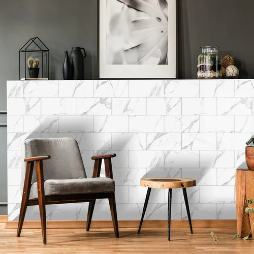 Vista 6 de Azulejos de salpicadero de mármol blanco despegar y pegar para cocina, baño, ducha de RV, azulejo de pared inteligente para salpicadero con veta