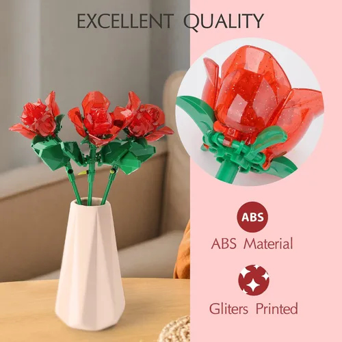 Vista 9 de Juego de construcción de ramo de rosas con luces, plantas artificiales, bonita colección botánica compatible, regalo para mujer