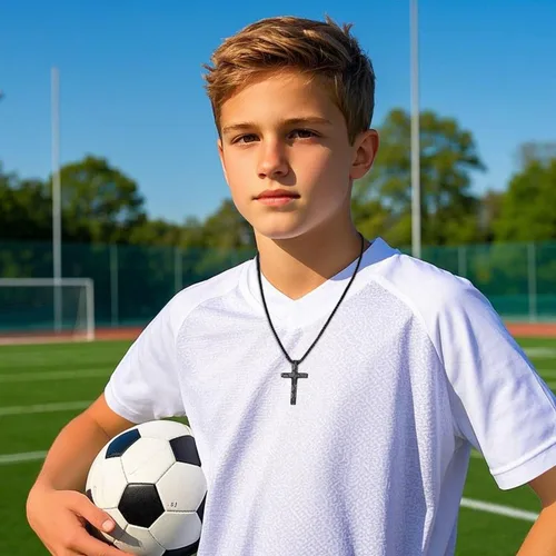 Vista 2 de Collar de cruz de fútbol para niños y hombres, inspirador cristiano con versículo bíblico con dije de cruz, cadena de acero inoxidable, joyería