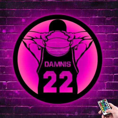 Vista 9 de Letrero de metal personalizado para jugador de baloncesto con luz LED, nombre y número personalizados, arte de pared de baloncesto, decoración