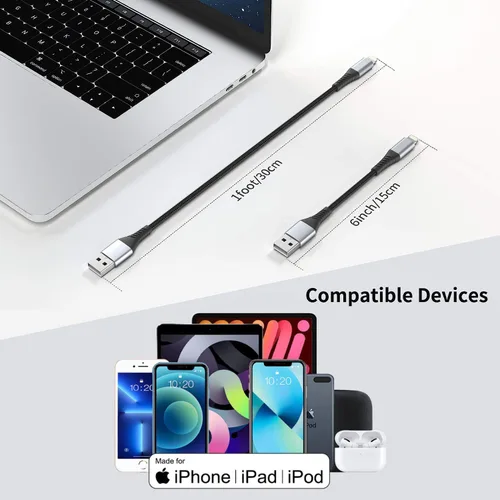 Vista 7 de Cable corto de carga para iPhone de 6 pulgadas, paquete de 3 cables USB a Lightning de 0.5 pies, cable corto trenzado para iPhone de carga rápida