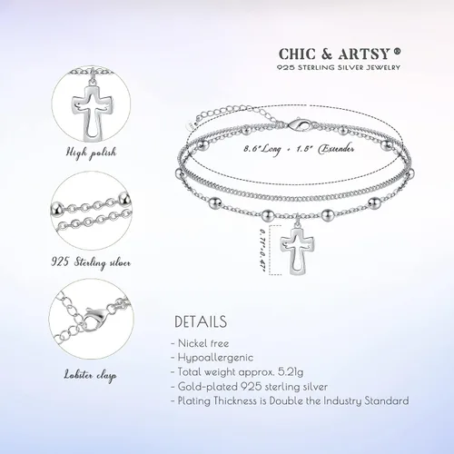 Vista 27 de CHIC & ARTSY Tobilleras de plata de ley S925 para mujer, pulsera de tobillo ajustable multicapa para playa, joyería de verano para mujer, de 10 a 11