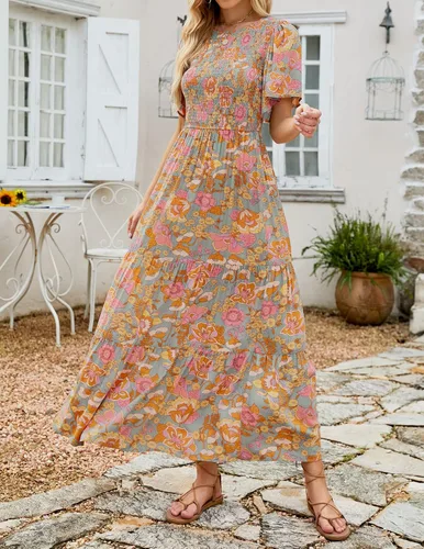 Vista 8 de ZESICA Vestido largo casual de verano para mujer, con estampado floral, manga corta con vuelo, cuello redondo, cintura alta fruncida