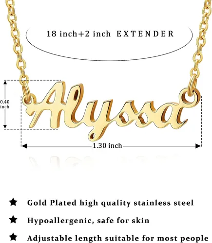 Vista 6 de SANNYRA Collar con nombre personalizado chapado en oro real de 18 quilates con placa de nombre, regalo de joyería para mujeres y niñas