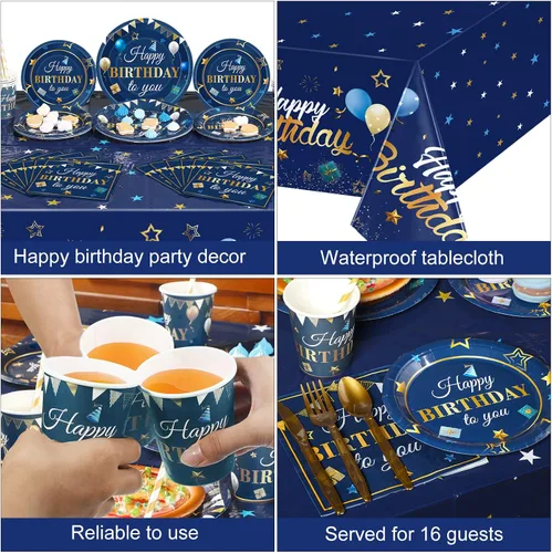 Vista 4 de Capoda Suministros para fiesta de cumpleaños, juego de vajilla de confeti estrellado, platos, tazas, servilletas, vajilla para niños y adultos