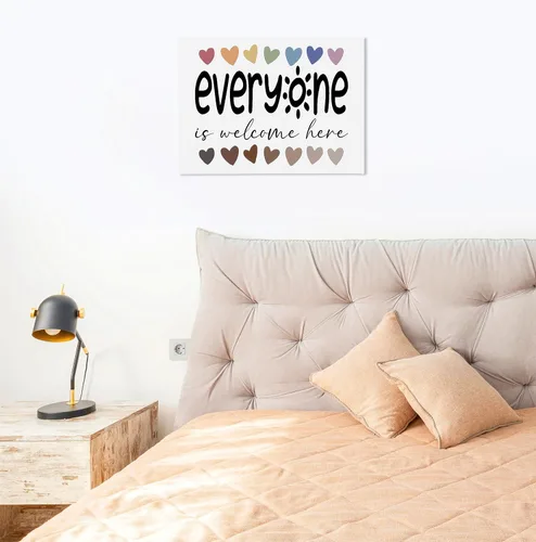 Vista 4 de Lienzo inspirador de diversidad con texto en inglés «Everyone is Welcome Here», impresiones artísticas para decoración de aula, guardería, sala