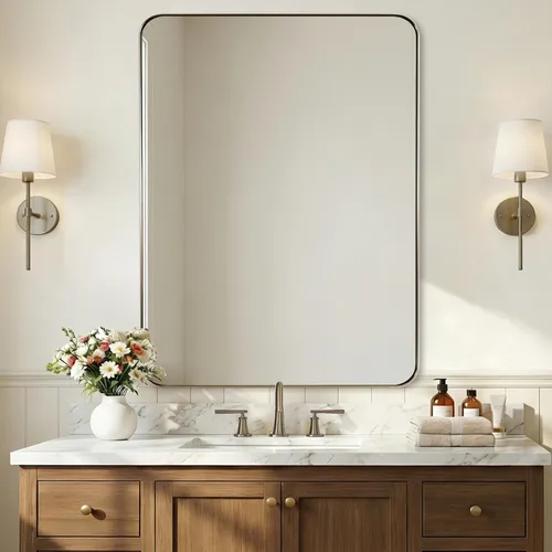 Vista 61 de ANDY STAR Espejo de pared cuadrado para baño, espejo de baño negro mate de 24 x 24 pulgadas, espejo de metal de esquina redondeada en marco de acero