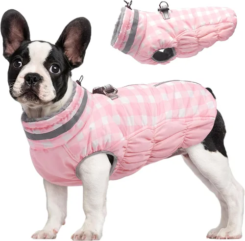 Vista 31 de Abrigo para perro, chaqueta cálida de invierno, acolchada, de vellón, chaleco reflectante con arnés, chaqueta de nieve impermeable con cremallera, a