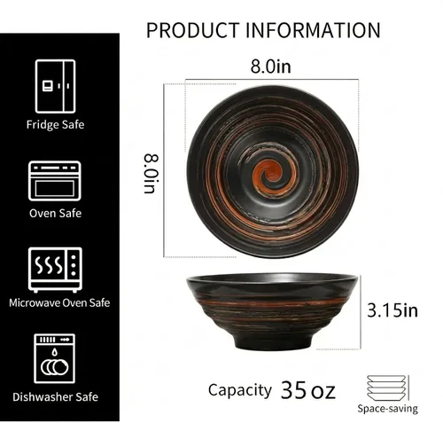 Vista 2 de YUN TAO Juego de 4 cuencos de ramen de cerámica negra de 35 onzas, cuencos de sopa profundos, cuencos japoneses asiáticos para fideos Pho para uso