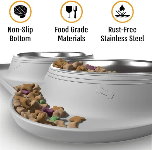 Vista 3 de Active Pets - Juego de tazones para perros, tazones para comida y agua de acero inoxidable a prueba de derrames con alfombrilla de silicona Gris