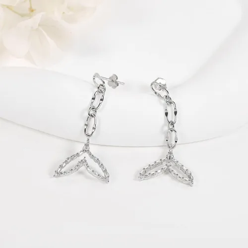 Vista 4 de EXRANQO Aretes colgantes de cola de sirena brillante de plata de ley 925 con circonita cúbica, regalo perfecto de joyería de cola de pez para niñas