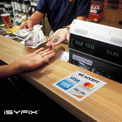 Vista 4 de iSYFIX Calcomanías adhesivas para tarjetas de crédito, 4 unidades de 7 x 6 pulgadas, aceptamos Visa, MasterCard, Amex & Discover, vinilo