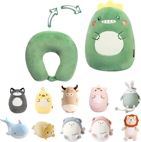 Vista 7 de Almohada de viaje para niños, almohada de cuello deformable 2 en 1 para niños, almohada suave en forma de U con adorable diseño de animales, cómodo