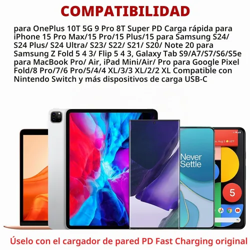 Vista 3 de Jelanry Paquete de 2 cables USB C a USB C de 6.6 pies para OnePlus 10T 9 9Pro 8T 65W Warp Charge Cable de carga súper rápida para Samsung S26 S25