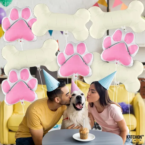 Vista 4 de KatchOn, Globo de perro para fiesta de cachorros, paquete de 14, globos de pata, globo de perro Globo rosa de hueso de perro para decoraciones