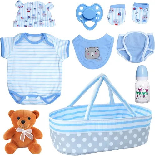 Vista 10 de BABESIDE - Accesorios para muñecas de bebé de 8 piezas con moisés para muñecas de 17 a 22 pulgadas Doll outfit set with bodysuit, diaper, bib