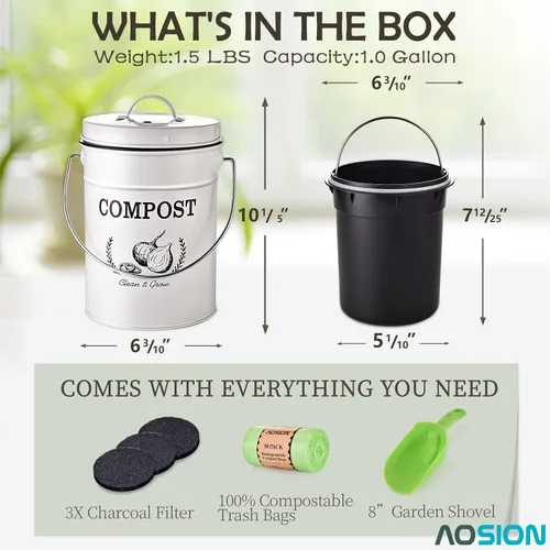 Vista 2 de AOSION Contenedor de compostaje para encimera de cocina, contenedor de compostaje interior resistente al olor con tapa y bolsas de compost