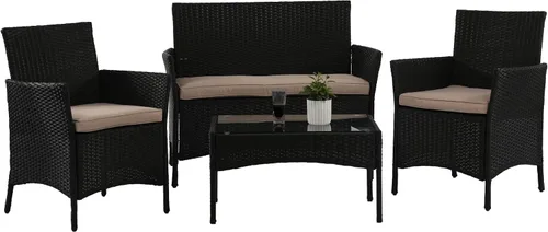 Vista 17 de Juego de 4 muebles modulares para exteriores, juego de muebles de mimbre resistentes al agua con 3 sillas de ratán, 1 cojín de mesa con tapa