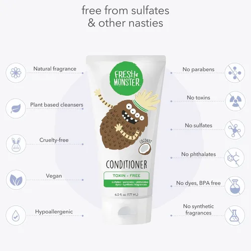 Vista 4 de Fresh Monster Acondicionador de cabello para niños, sin toxinas, hipoalergénico y natural, acondicionador para el cabello para niños, coco (6 onzas)