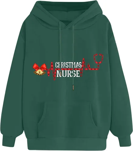Vista 5 de Christmas Nurse Unisex Adult Graphic Hooded Classic Fit Comfy Pullover Heart Pattern Sweatshirt Holiday Shirts Tops