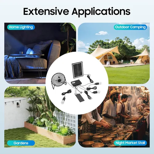 Vista 7 de Kit de ventilador solar y luz con 3 bombillas, carga USB, portátil, camping al aire libre