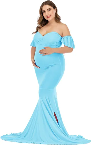 Vista 3 de ZIUMUDY Vestido de maternidad con hombros descubiertos y elegante para sesión de fotos, vestido de sirena envolvente para baby shower